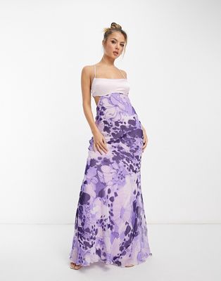 ASOS DESIGN satin mix cami cut out waist maxi dress with cross strap detail in purple floral print-Multi