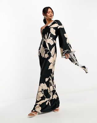 ASOS DESIGN satin one shoulder flare sleeve maxi dress with back detail in black floral print-Multi