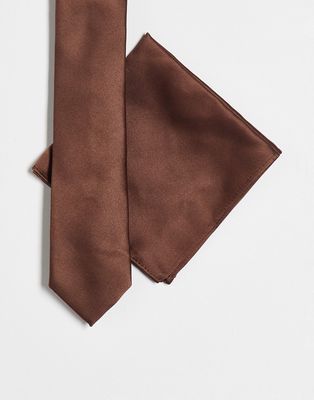 ASOS DESIGN satin slim tie and pocket square in Brown