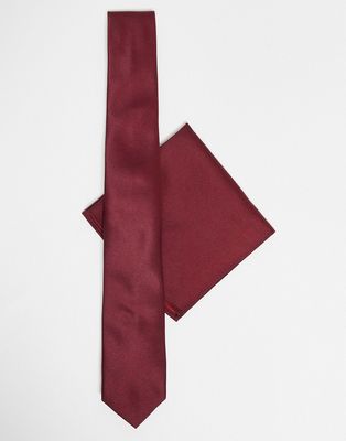 ASOS DESIGN satin slim tie and pocket square in burgundy-Red