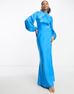 ASOS DESIGN satin twist front maxi dress with balloon sleeve in turquoise-Blue