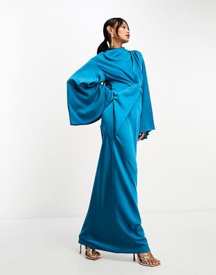 ASOS DESIGN satin wrap maxi dress with drape bodice and kimono sleeve in ink blue