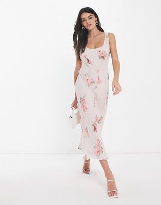 ASOS DESIGN scoop neck midi slip dress in pink floral chiffon print-Multi