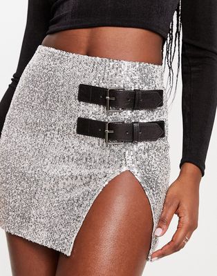 ASOS DESIGN sequin buckle mini skirt with split in silver