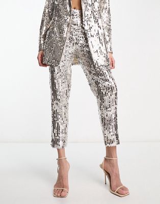 ASOS DESIGN sequin cigarette suit pants in silver