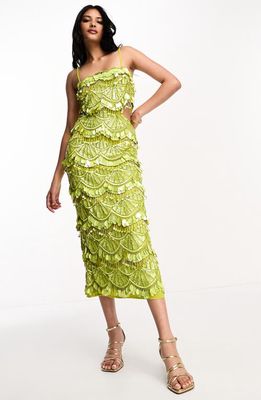 ASOS DESIGN Sequin Embellished Cutout Midi Cocktail Dress in Light Green