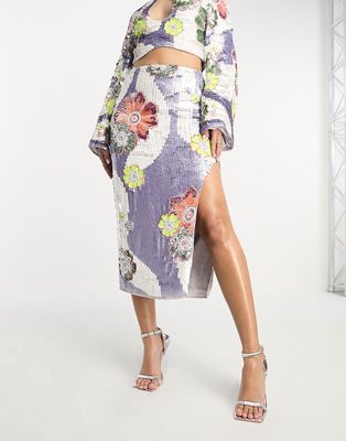 ASOS DESIGN sequin floral embellished midi skirt with slit in lilac - part of a set-Purple