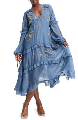 ASOS DESIGN Sequin Long Sleeve Ruffle Midi Dress in Medium Blue