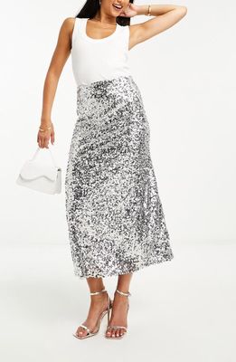 ASOS DESIGN Sequin Midi A-Line Skirt in Silver