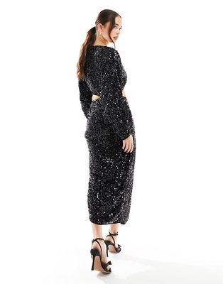 ASOS DESIGN sequin midi skirt with split detail in black - part of a set