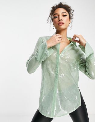ASOS DESIGN sequin shirt in green-Multi