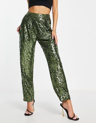 ASOS DESIGN sequin slouchy pants in khaki-Green