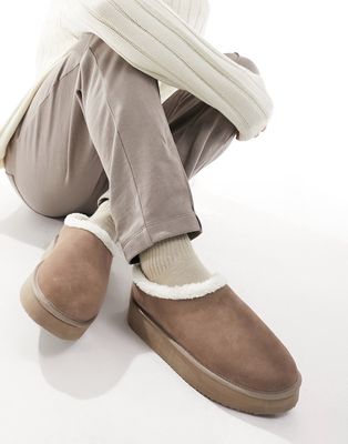 ASOS DESIGN sheepskin platform mini slipper boots in brown
