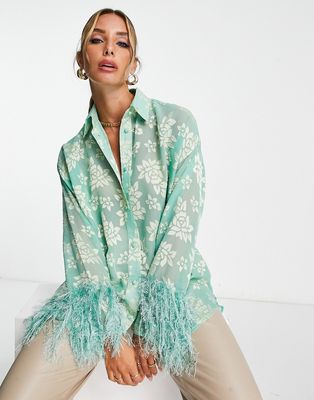ASOS DESIGN sheer floral jacquard shirt with faux feather cuff detail in green