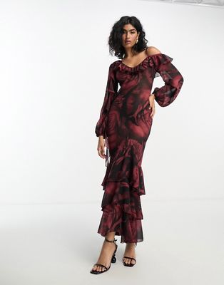 ASOS DESIGN sheer ruffle strap maxi dress in red floral-Multi