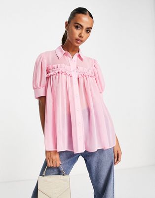 ASOS DESIGN sheer smock shirt with ruffle & puff sleeve in pink