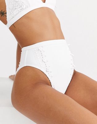 ASOS DESIGN shell embellished high leg high waist bikini bottom-White