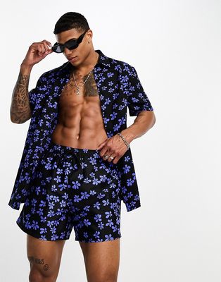 ASOS DESIGN shirt in dark based floral - part of a set-Black