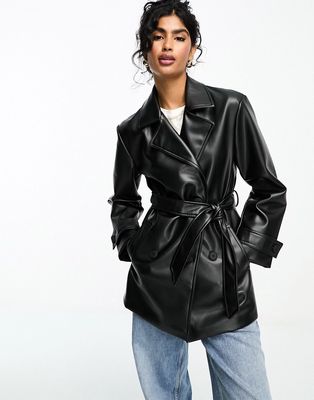 ASOS DESIGN short faux leather trench coat in black