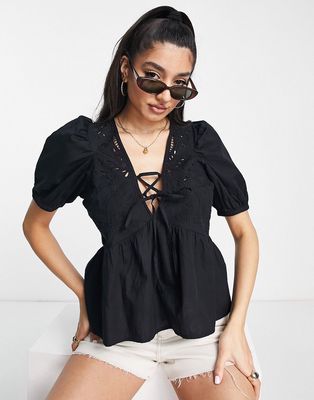 ASOS DESIGN short sleeve cotton top with butterfly cutwork in black
