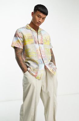 ASOS DESIGN Short Sleeve Linen & Cotton Button-Up Shirt in Yellow Multi