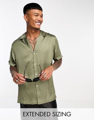 ASOS DESIGN short sleeve relaxed satin deep camp collar shirt in light khaki-Green