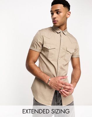 ASOS DESIGN short sleeve skinny fit western denim shirt in taupe-Brown