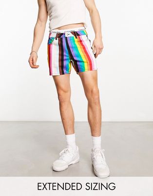 ASOS DESIGN shorter length denim shorts with rainbow print-Multi