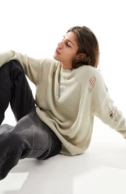 ASOS DESIGN Shredded Oversize Fisherman Sweater in Stone