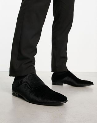 ASOS DESIGN single monk shoes with diamante heel detail in black velvet