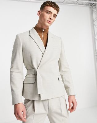 ASOS DESIGN skinny crop suit jacket with belt in gray twill-Grey