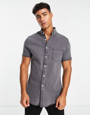ASOS DESIGN skinny denim shirt in washed black-Gray