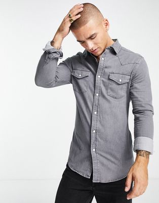 ASOS DESIGN skinny fit western denim shirt in washed black-Gray