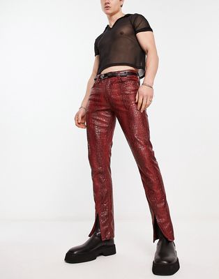 ASOS DESIGN skinny leather-look pants in red snake print with front split hem