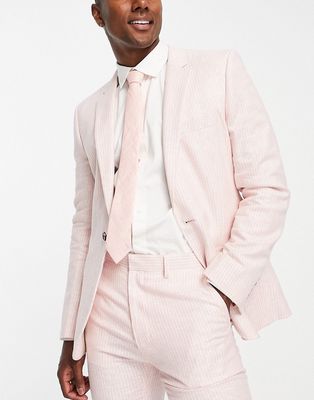 ASOS DESIGN skinny linen mix suit jacket in pink pinstripe