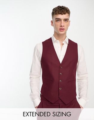 ASOS DESIGN skinny linen mix vest in burgundy-Red