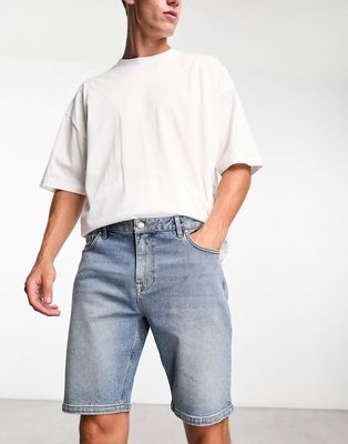 ASOS DESIGN skinny regular length denim shorts in mid wash blue-Blues