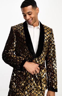 ASOS DESIGN Skinny Sequin Belted Suit Jacket in Gold