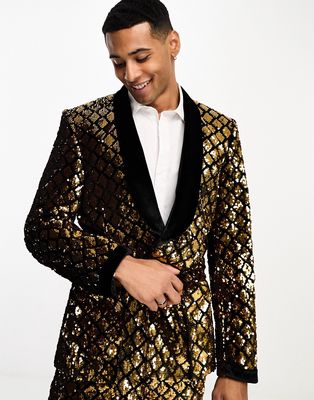 ASOS DESIGN skinny smoking suit jacket in diamond sequin in gold