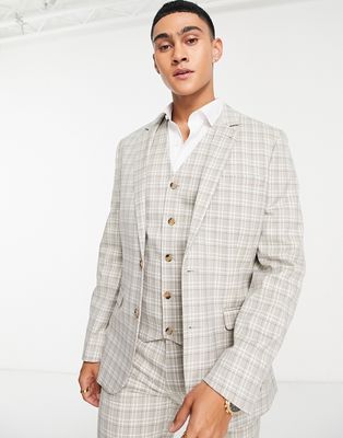 ASOS DESIGN skinny suit jacket in beige and navy highlight grid check