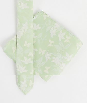 ASOS DESIGN skinny tie in green floral with pocket square
