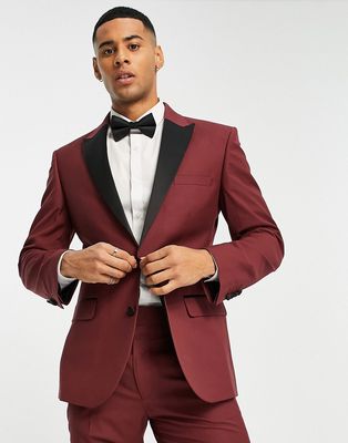 ASOS DESIGN skinny tuxedo suit jacket in burgundy-Pink
