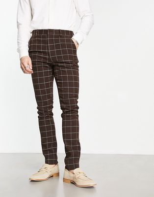 ASOS DESIGN skinny wool mix smart pants in chocolate brown window check