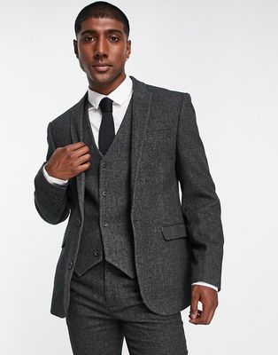 ASOS DESIGN skinny wool mix suit jacket in charcoal herringbone-Gray