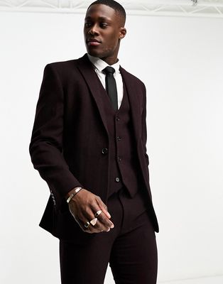 ASOS DESIGN skinny wool mix suit jacket in herringbone in burgundy-Red