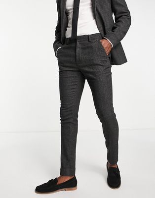 ASOS DESIGN skinny wool mix suit pants in charcoal herringbone-Gray