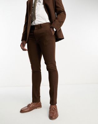 ASOS DESIGN skinny wool mix suit pants in herringbone in brown