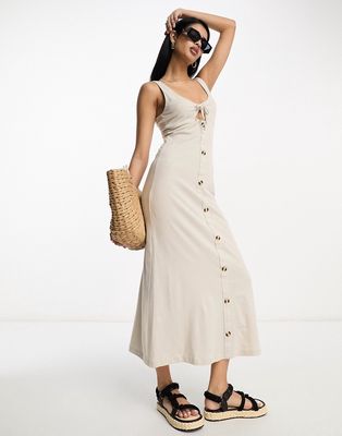 ASOS DESIGN sleeveless midi dress with buttons and tie detail in stone-Neutral