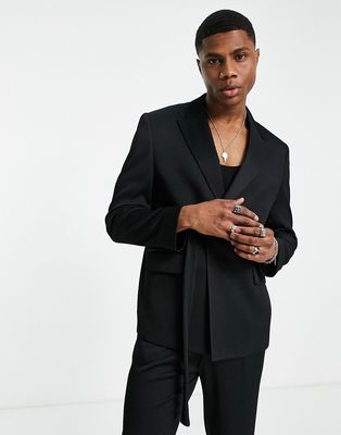 ASOS DESIGN slim belted suit jacket in black plisse