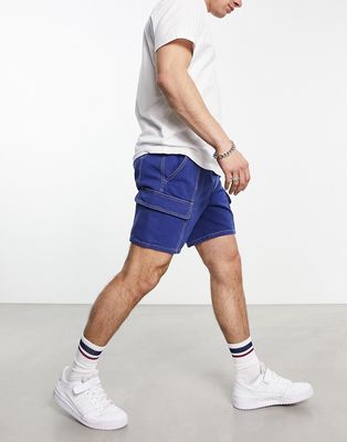 ASOS DESIGN slim cargo shorts in shorter length with contrast stitch in blue